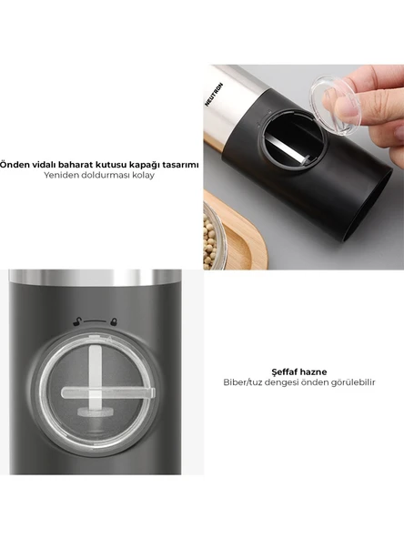 Neutron NTL-PG-22D Pilli LED Işıklı Tuz Karabiber Değirmeni Otomatik Baharat Öğütücü 2li Paket - 7