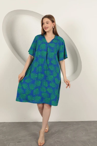 Viskon Palmiye Desenli Elbise-Saks/Yeşil ürün görseli