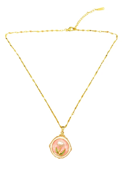 Mineli Çiçek Motifli Altın Kaplama Çelik Sanat Kolye | Zarif Vintage Stil ürün görseli 1