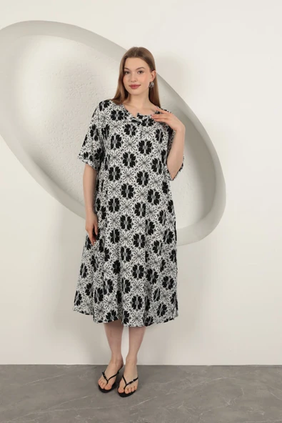 Viskon Kumaş Desenli Elbise-Siyah ürün görseli