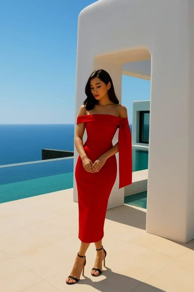 Kadın Dalgıç Krep Kumaş Madonna Yaka Midi Boy Elbise ürün görseli