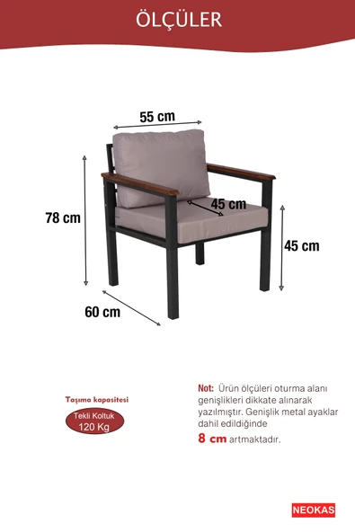 NEOKAS Bahce Mobilyası, Modern Balkon Mobilyası, Kafe Oturma Takımı, Teras Koltugu, 1 Tekli Koltuk - Resim 4