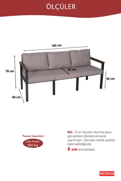 NEOKAS Bahce Mobilyası, Modern Balkon Mobilyası, Kafe Oturma Takımı, Teras Koltugu, 1 üçlü Koltuk - Resim 4