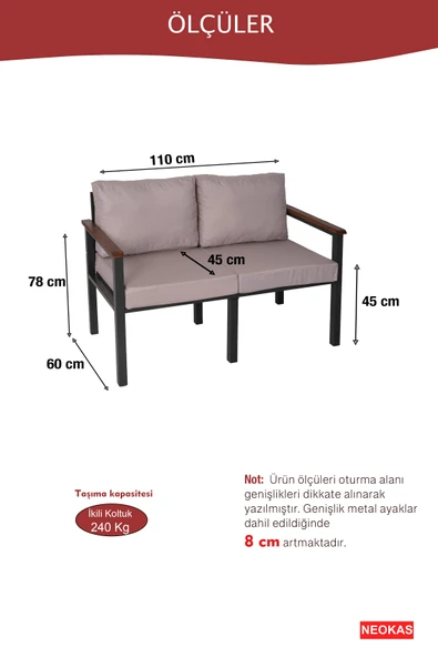 NEOKAS Bahce Mobilyası, Modern Balkon Mobilyası, Kafe Oturma Takımı, Teras Koltugu, 1 ikili Koltuk - Resim 4