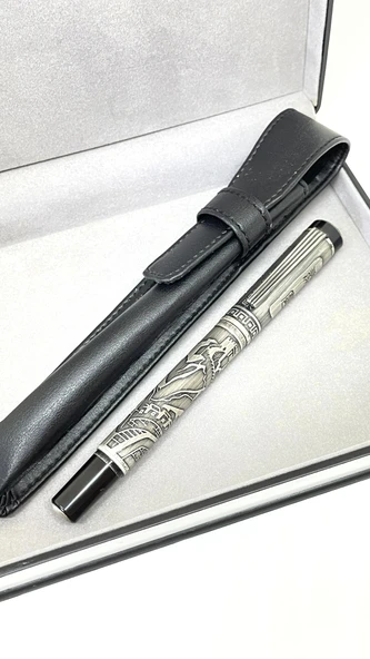 Antik Tasarımlı Gümüş Efektli Roller Kalem - Deri Kılıf ve Şık Kutulu - Resim 2
