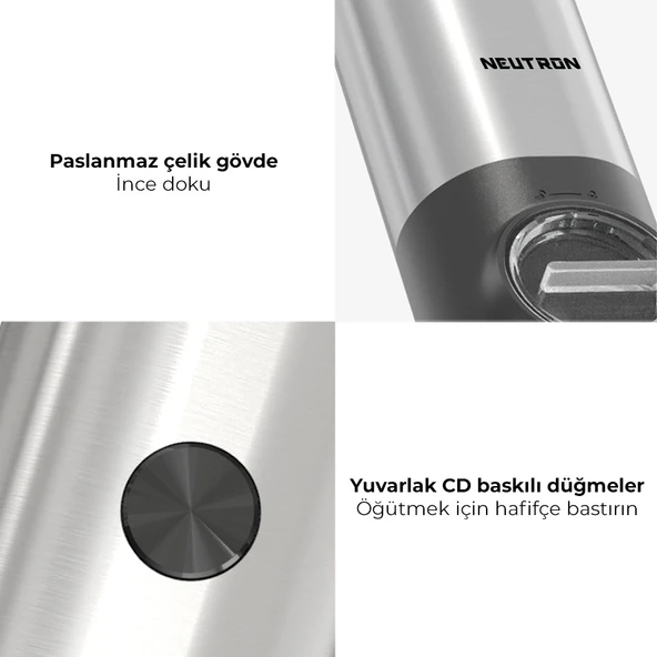 Neutron NTL-PG-01 Pilli LED Işıklı Otomatik Ayarlanabilen Tuz Karabiber Baharat Değirmen Öğütücü - 8