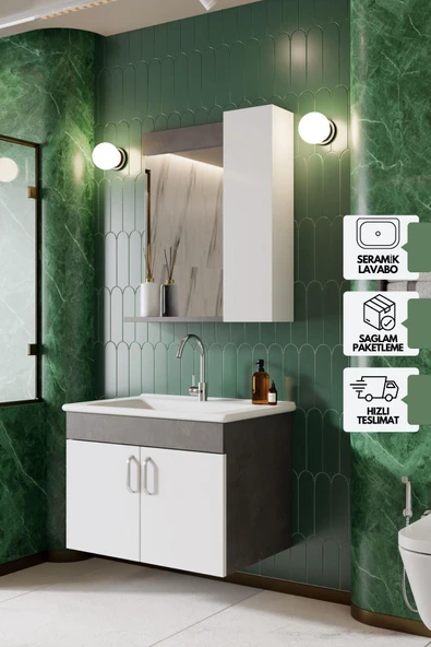 Karen Banyo Gümüş 65 Cm Lavabolu Banyo Dolabı Retro Gümüş-Beyaz Lavabo Dahil - 1