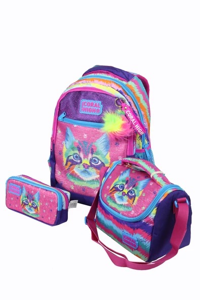 CH 23477 Renkli Kedi - 3' Lü Okul Çantası Seti - Sırt Ve Beslenme Çantası + Kalemlik