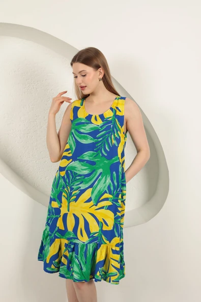 Viskon Kumaş Desenli Elbise-Yeşil ürün görseli