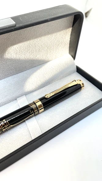 Altın İşlemeli Siyah Roller Kalem - Lüks Deri Kutulu & Prestij Tasarım - Resim 2