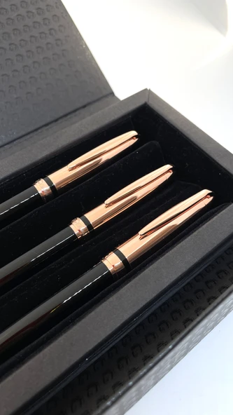 Rose Gold Detaylı 3lü Kalem Seti - Dolma, Roller ve Tükenmez Kalem | Lüks Hediye Kutulu - 3