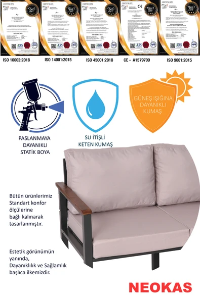 NEOKAS Bahce Mobilyası, Modern Balkon Mobilyası, Kafe Oturma Takımı, Teras Koltugu, 1+1+3+M - Resim 7