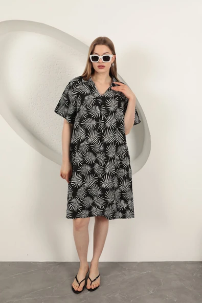 Viskon Palmiye Desenli Elbise-Siyah ürün görseli