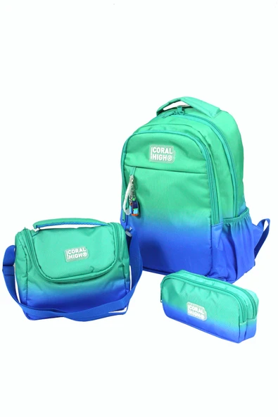 CH 23665 Mavi - Yeşil Geçişli - 3' Lü Okul Çantası Seti - Sırt Ve Beslenme Çantası + Kalemlik