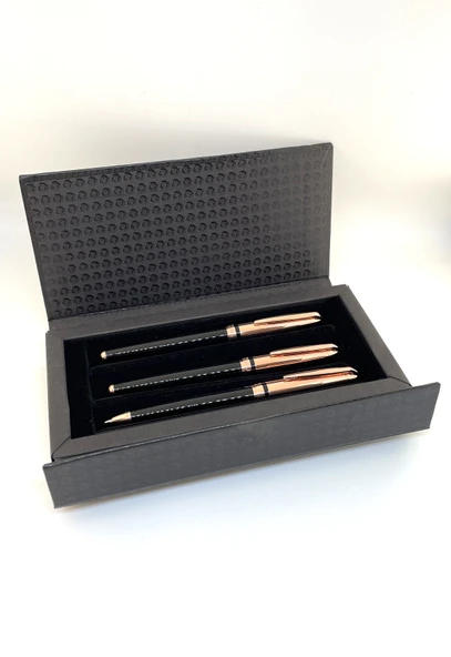 Rose Gold Detaylı 3lü Kalem Seti - Dolma, Roller ve Tükenmez Kalem | Lüks Hediye Kutulu - 2