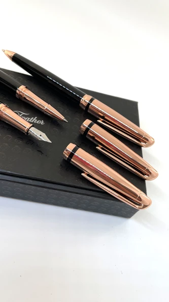 Rose Gold Detaylı 3lü Kalem Seti - Dolma, Roller ve Tükenmez Kalem | Lüks Hediye Kutulu - 4