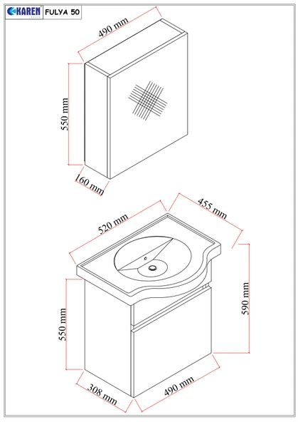 Karen Banyo Fulya 50 Cm Mdf Lavabolu Aynalı Banyo Dolabı Seti Seramik Lavabo Dahil Beyaz Mdf - 3