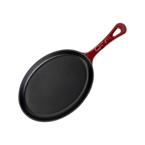 Lava Döküm Oval Fajita Tabağı Döküm Demir Yekpare Saplı Ölçü 17x23cm.-Bordo - Resim 3