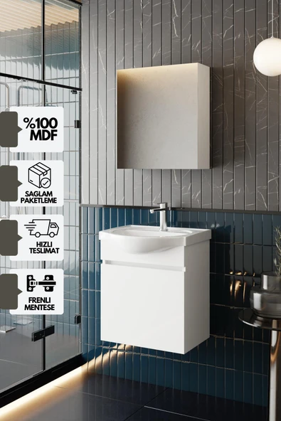 Karen Banyo Fulya 50 Cm Mdf Lavabolu Aynalı Banyo Dolabı Seti Seramik Lavabo Dahil Beyaz Mdf - 1