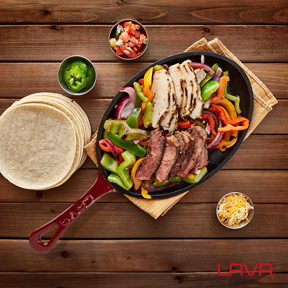 Lava Döküm Oval Fajita Tabağı Döküm Demir Yekpare Saplı Kayın Servis Ahşabı Ölçü 17x23cm.-Bordo - Resim 7