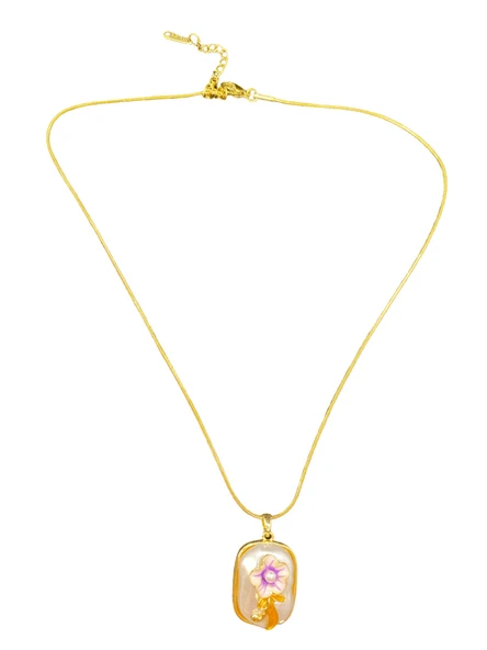 Zarif Dikdörtgen Mor Çiçek Motifli Mineli Altın Kaplama Çelik Sanat Kolye ürün görseli 1