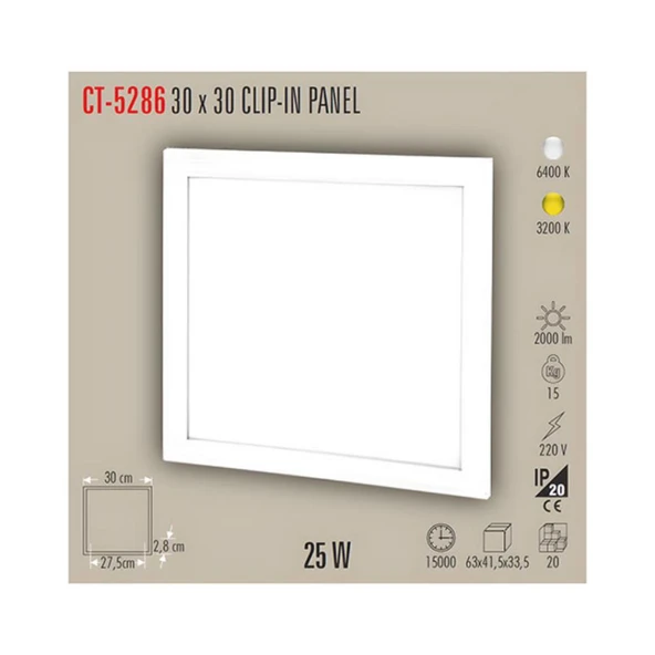 CATA CT 5286 25W 30x30 Clipin Led Panel Sıva Altı Günışığı - Resim 3