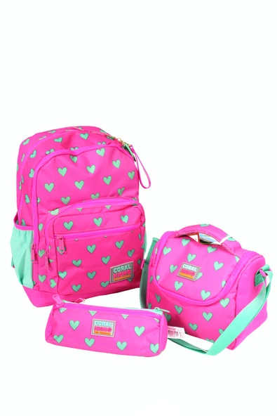 CH 23113 Pembe Yeşil Kalpli - 3' Lü Okul Çantası Seti - Sırt Ve Beslenme Çantası + Kalemlik - 2