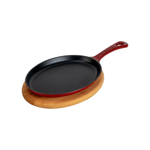 Lava Döküm Oval Fajita Tabağı Döküm Demir Yekpare Saplı Kayın Servis Ahşabı Ölçü 17x23cm.-Bordo - Resim 2