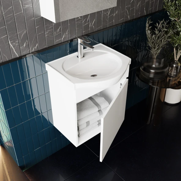 Karen Banyo Fulya 50 Cm Mdf Lavabolu Aynalı Banyo Dolabı Seti Seramik Lavabo Dahil Beyaz Mdf - 2