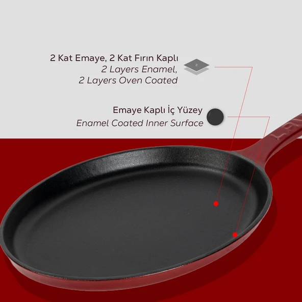 Lava Döküm Oval Fajita Tabağı Döküm Demir Yekpare Saplı Kayın Servis Ahşabı Ölçü 17x23cm.-Bordo - Resim 6