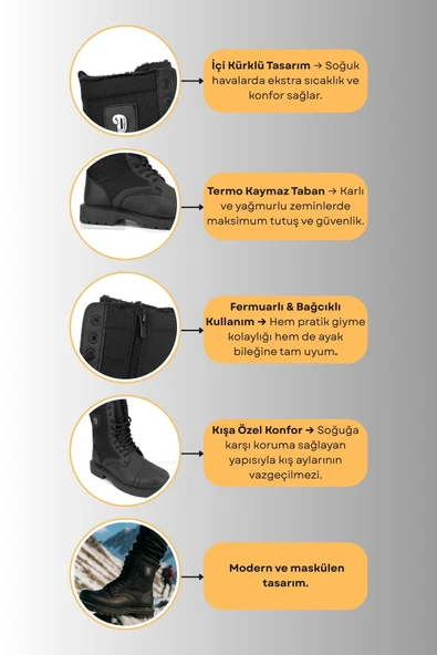 İçi Kürklü Termo Kaymaz Taban Siyah Erkek Postal Bot - 2