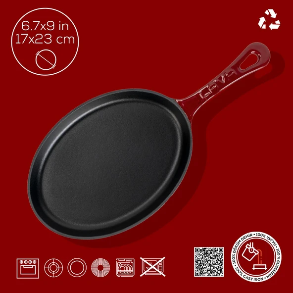 Lava Döküm Oval Fajita Tabağı Döküm Demir Yekpare Saplı Kayın Servis Ahşabı Ölçü 17x23cm.-Bordo - Resim 4