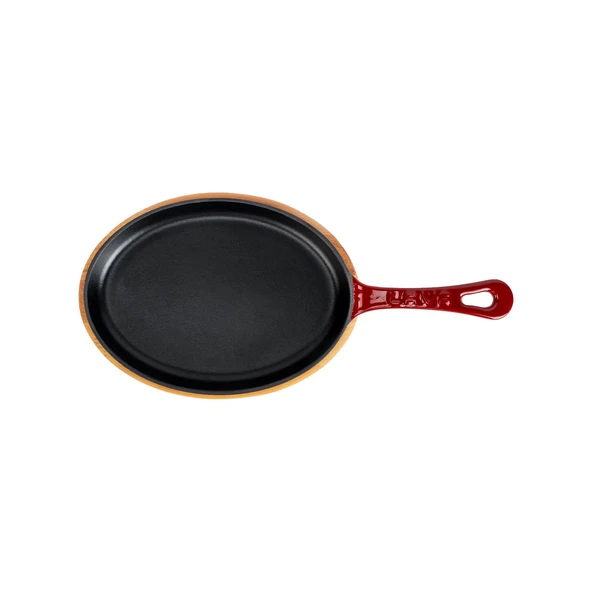 Lava Döküm Oval Fajita Tabağı Döküm Demir Yekpare Saplı Kayın Servis Ahşabı Ölçü 17x23cm.-Bordo - Resim 3