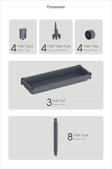 Mithra Life 4 Katlı Tekerlekli Slim İnce Beyaz Banyo Mutfak Rafı MIT1200 - Resim 4