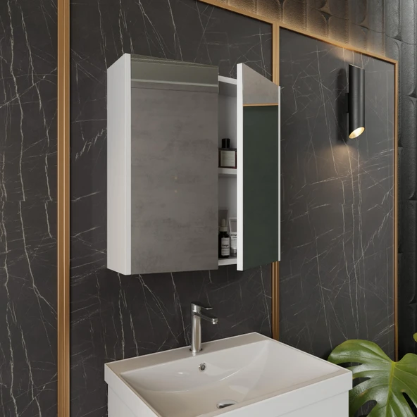 Karen Banyo Mimoza 60 Cm Mdf,Lavabolu,Aynalı Banyo Dolabı Seti,Seramik Lavabo Dahil Beyaz Mdf - 3
