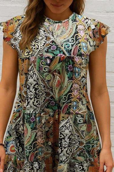 Kadın Kısa Kollu Kolları Fırfırlı Bisiklet Yakalı Kare Desenli Elbise - Resim 2