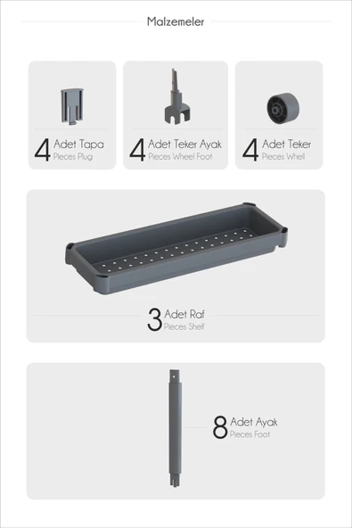 Mithra Life 4 Katlı Tekerlekli Slim İnce Gri Banyo Mutfak Rafı MIT1202 - Resim 4
