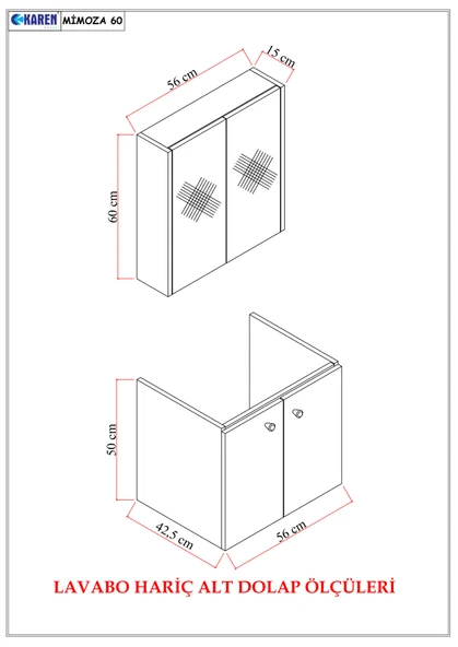 Karen Banyo Mimoza 60 Cm Mdf,Lavabolu,Aynalı Banyo Dolabı Seti,Seramik Lavabo Dahil Beyaz Mdf - 4