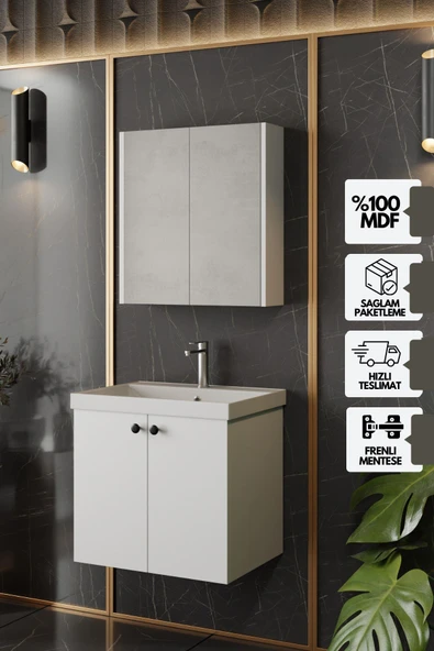 Karen Banyo Mimoza 60 Cm Mdf,Lavabolu,Aynalı Banyo Dolabı Seti,Seramik Lavabo Dahil Beyaz Mdf - 1
