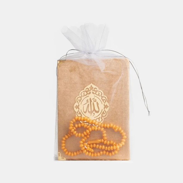 Gül Kokulu Tesbih + Yasin Hediye Seti (Çanta Boy, Lafzatullah, Tül Keseli, Gold)