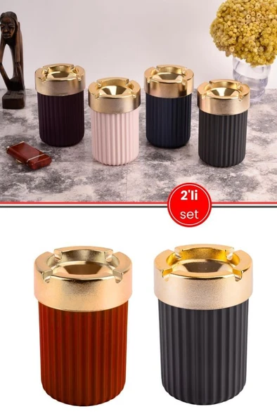 2 Adet Çizgili Oto Kokusuz Gold Küllük, Kokusuz Dumansız Yuvarlak Lüks Küllük 2’li Set Siyah-Kırmızı ürün görseli 1