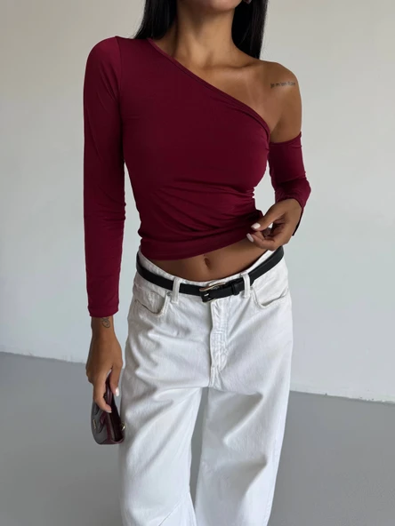 Omuz detaylı kollu bluz bordo f2336 - Resim 3