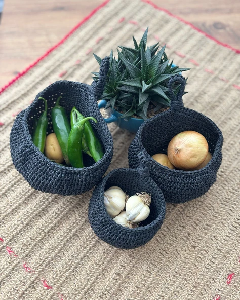 3 adet Bohem El Dokuma Asılı Sepet Seti, Küçük Eşyaları Asmak İçin, Sanatsal Tasarım, Raf Sepetleri - 3