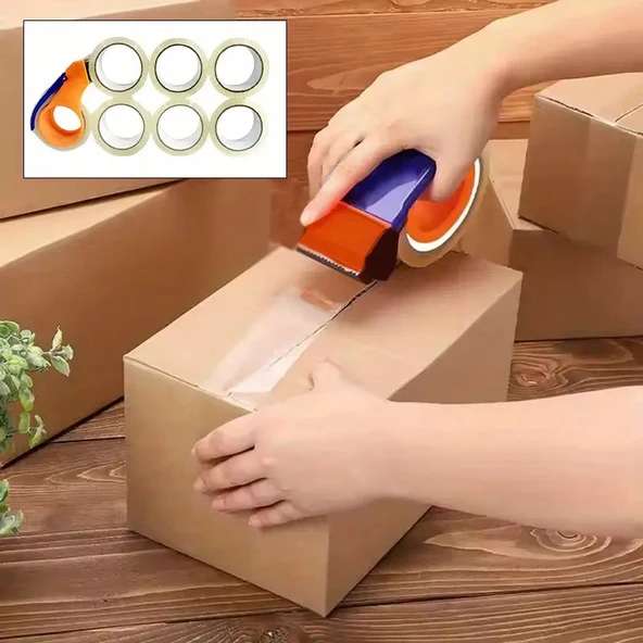 Koli Bantlama Seti - Bant Kesme el Aleti ve Şeffaf Koli Bandı 45cm X 40mt (6 adet) ürün görseli 1