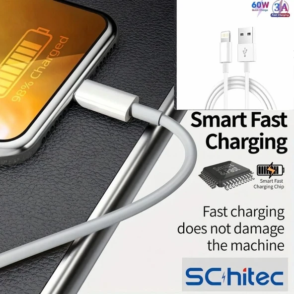ScHitec 3 Paket 3A 60W UsbA to Lightning Hızlı Data ve Şarj Kablosu 1 Metre/ 2 Metre/ 3 Metre Beyaz - Resim 4