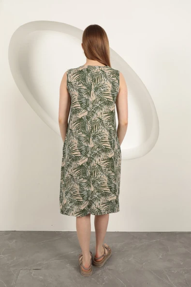 Viskon Kumaş Palmiye Desen Elbise-Yeşil - Resim 2