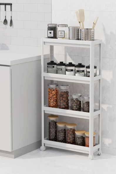 Mithra Life 4 Katlı Tekerlekli Slim İnce Beyaz Banyo Mutfak Rafı MIT1200 - Resim 3
