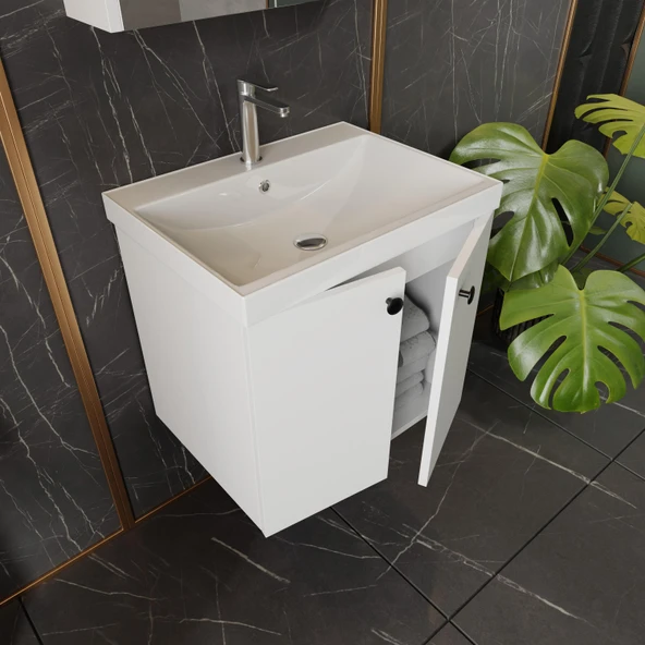 Karen Banyo Mimoza 60 Cm Mdf,Lavabolu,Aynalı Banyo Dolabı Seti,Seramik Lavabo Dahil Beyaz Mdf - 2