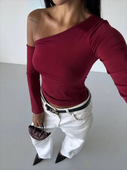Omuz detaylı kollu bluz bordo f2336 - Resim 2
