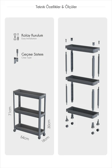 Mithra Life 4 Katlı Tekerlekli Slim İnce Gri Banyo Mutfak Rafı MIT1202 - Resim 5